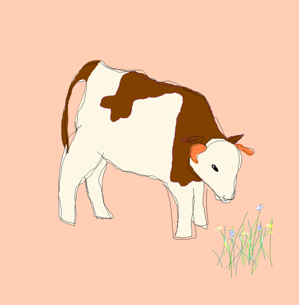 Microsoft Paint drawing of a tan and brown cow next to a patch of prairie grass.