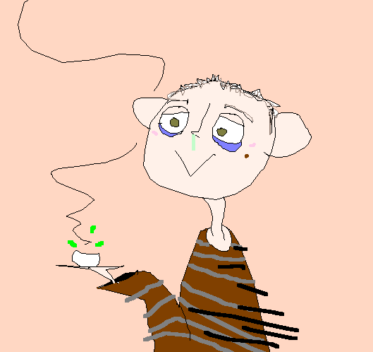 An MS Paint-style drawing of a skinny, white individual with big ears, close-cropped brownish hair, dark eye bags, and a runny nose. They wear a long-sleeve brown shirt with stripes and hold a steaming cup of tea.