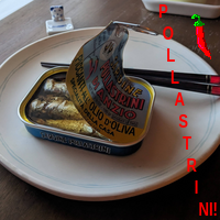 An opened can of Pollastrini spiced sardines in olive oil on a plate. Red MS Paint lettering reads, 'POLLASTRINI!' A red chili pepper drawn in MS paint appears in the corner.